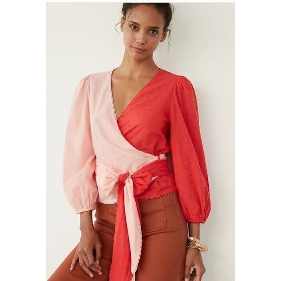 Farm Rio Top XS Wrap Color Block Pink & Red Cotton Tie Waist Anthopologie - Picture 1 of 9